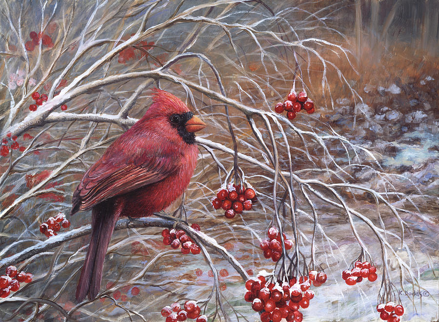 Cardinal And Berries Painting by Kevin Dodds