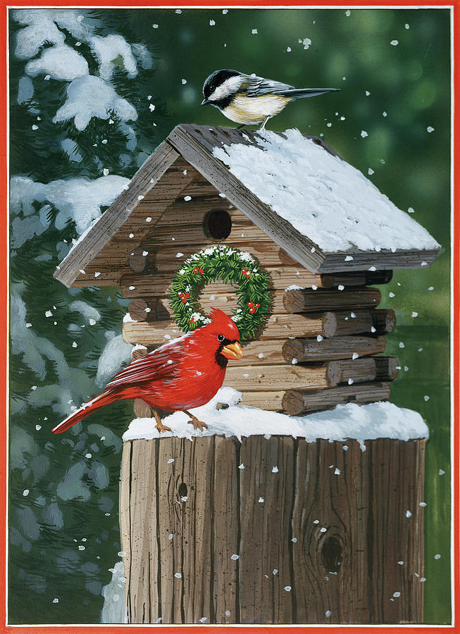 Bird Painting - Cardinal And Chickadee In Snow by William Vanderdasson