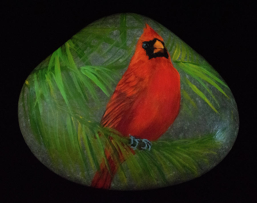 Cardinal on a Palm Frond Painting by Nancy Lauby