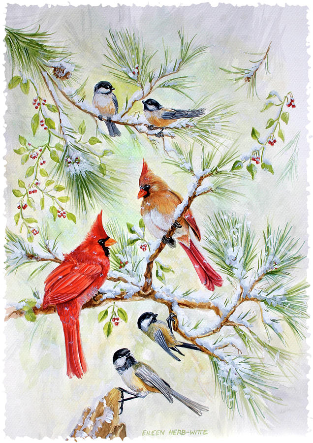 Cardinal Painting - Cardinals And Chickadees by Eileen Herb-witte