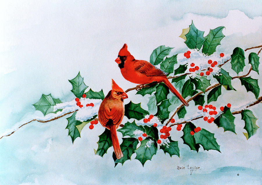 Christmas Painting - Cardinals And Holly Berries by Arie Reinhardt Taylor