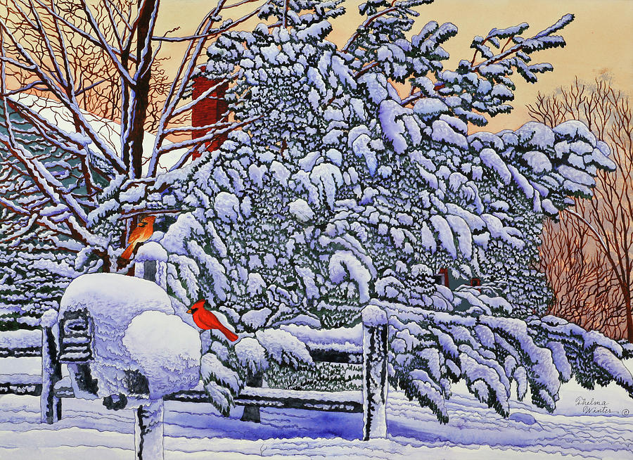 Winter Painting - Cardinals At The Mailbox by Thelma Winter