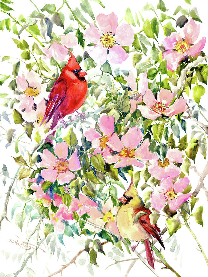 Cardinals Birds and Wild Roses Painting by Suren Nersisyan