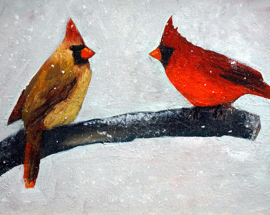 Cardinals in the Snow Painting by Katy Hawk