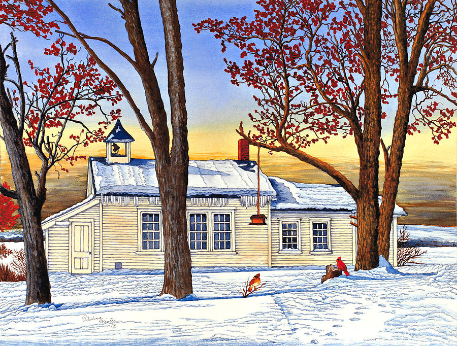 Cardinal Painting - Cardinals Watching Over The Schoolhouse, Leon, Ny by Thelma Winter