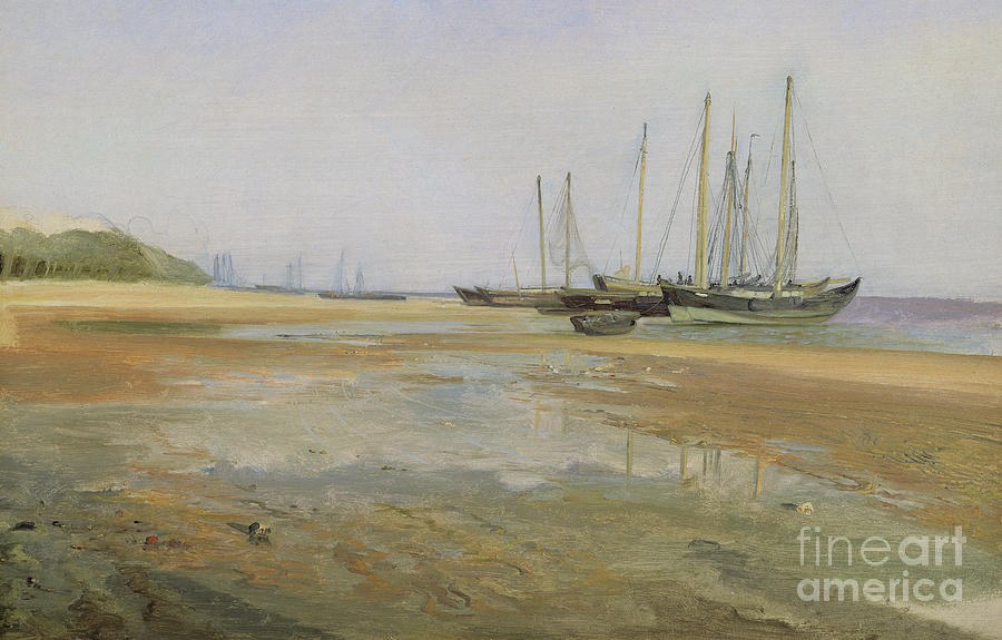 Boat Painting - Cargo Ships on the Sands of the Elbe by Johann Martin Gensler