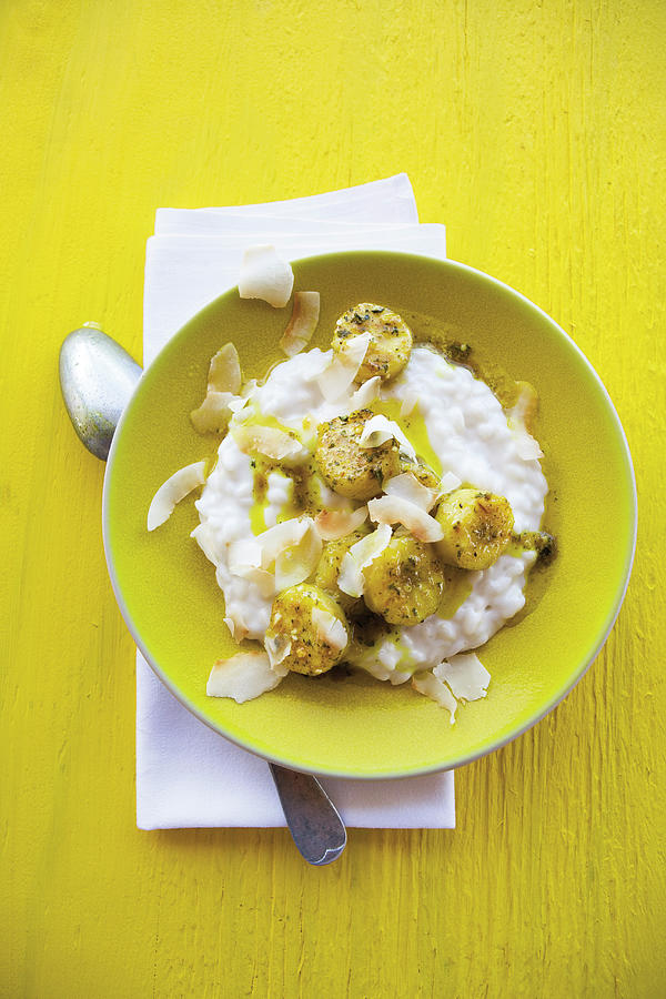 Caribbean Coconut Risotto With Curried Bananas Photograph by Michael Wissing