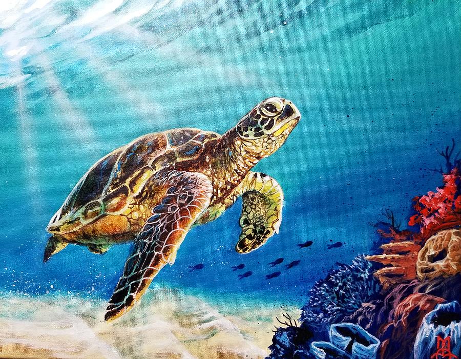 Caribbean Reef Turtle Painting by Marco Aguilar