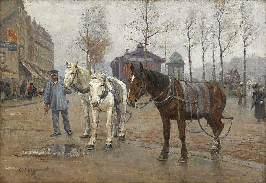 Carl Tragardh 1861-1899 Horses On Paris Street Painting