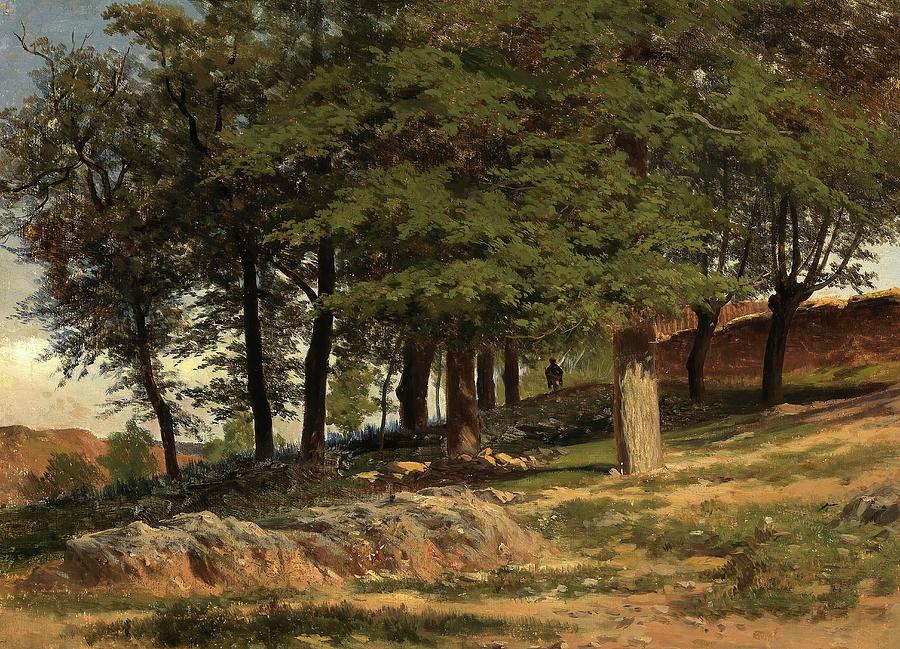 Carlos de Haes / A Forest. Monastario de Piedra, 1857, Spanish School, Paper. Painting by Carlos de Haes -1829-1898-