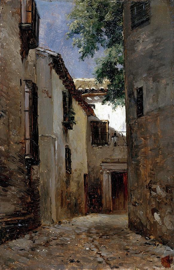 Carlos de Haes / A Street of Toledo, ca. 1865, Spanish School, Panel, 28,8 cm x 19 cm, P06600. Painting by Carlos de Haes -1829-1898-
