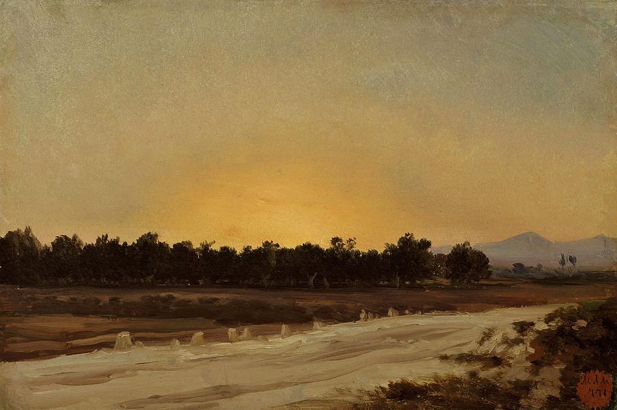 Carlos de Haes / Sunset -Elche-, ca. 1861, Spanish School, Paper, 18 cm x 26,5 cm, P04366. Painting by Carlos de Haes -1829-1898-