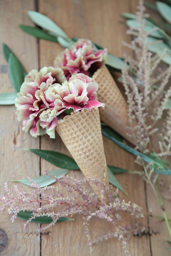 Carnations In Waffle Cones Photograph by Sonja Zelano