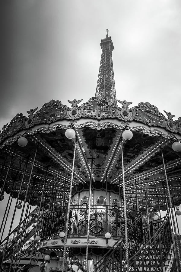 Carousel by the Eiffel Tower - Mono Photograph by Georgia Clare