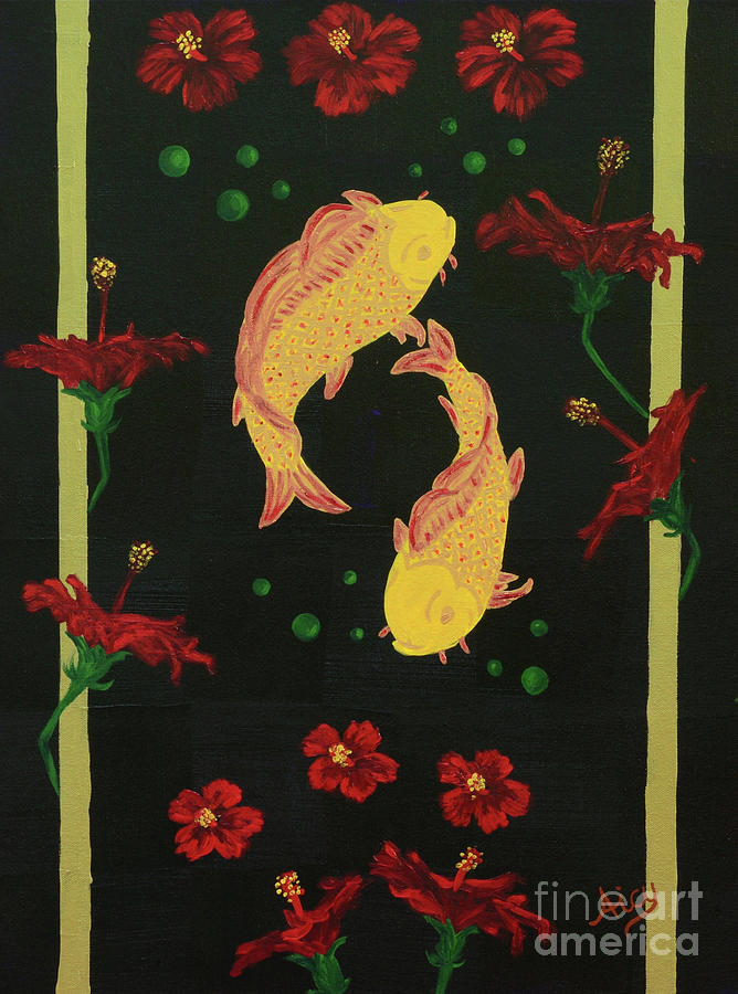 Carp and Hibiscus Painting by Aicy Karbstein