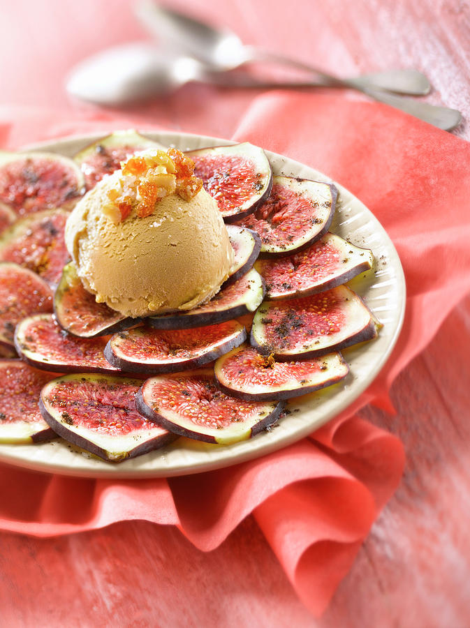Ice Cream Photograph - Carpaccio De Figues, Creme Glacee Caramel a La Fleur De Sel Et Amandes Caramelisees Fig Carpaccio And Salted Butter Toffee Ice Cream With Caramelized Almonds by Studio - Photocuisine