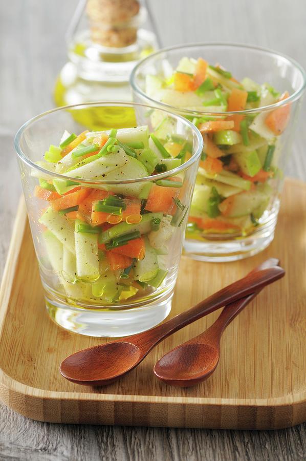 Carrot And Apple Salad In Glasses With A Curry And Honey Vinaigrette Photograph by Jean-christophe Riou