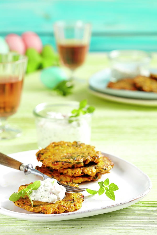 Carrot And Chard Fritters With A Tomato And Cream Cheese Dip Photograph by Teubner Foodfoto