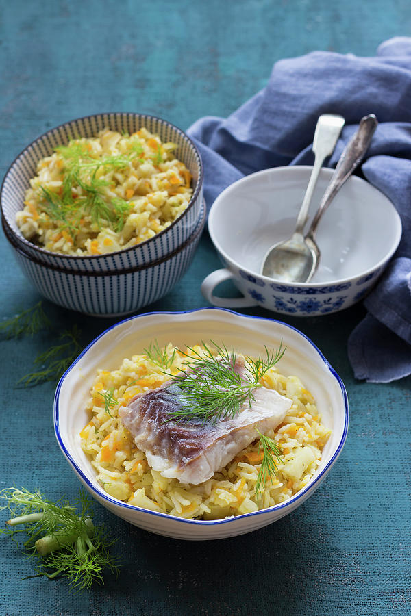 Carrot And Fennel Pilaf With Cod And Fennel Leaves Photograph by Zuzanna Ploch