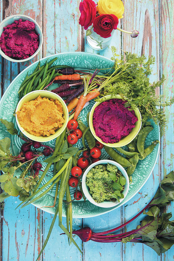 Carrot And Ginger Dip, Beetroot And Cauliflower Dip, And Pea And Broccoli Dip With Mint Photograph by Great Stock!