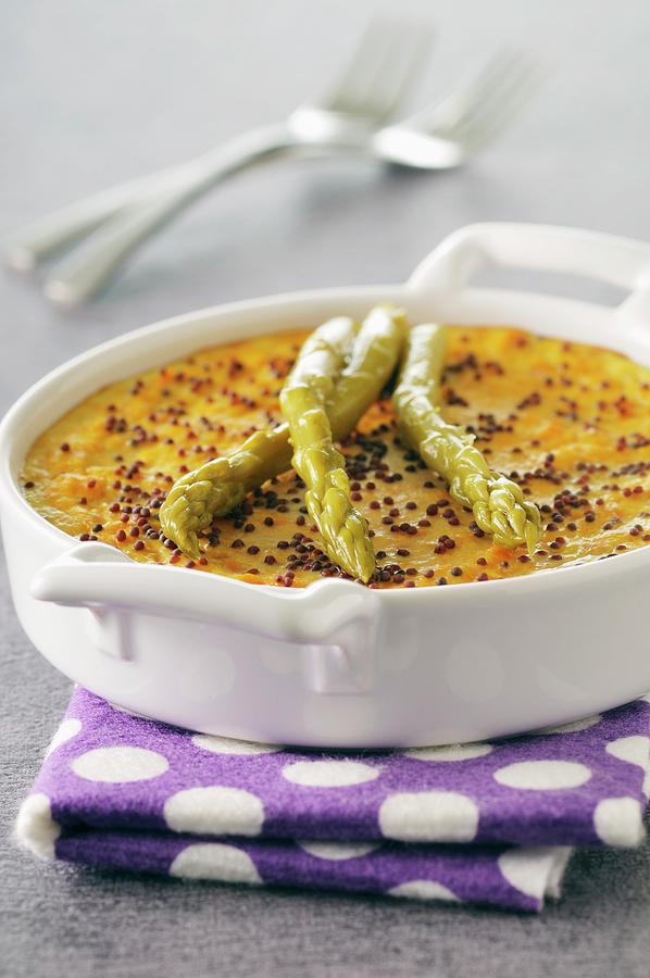 Carrot Custard Flan With Poppy Seeds And Green Asparagus Photograph by Riou, Jean-christophe