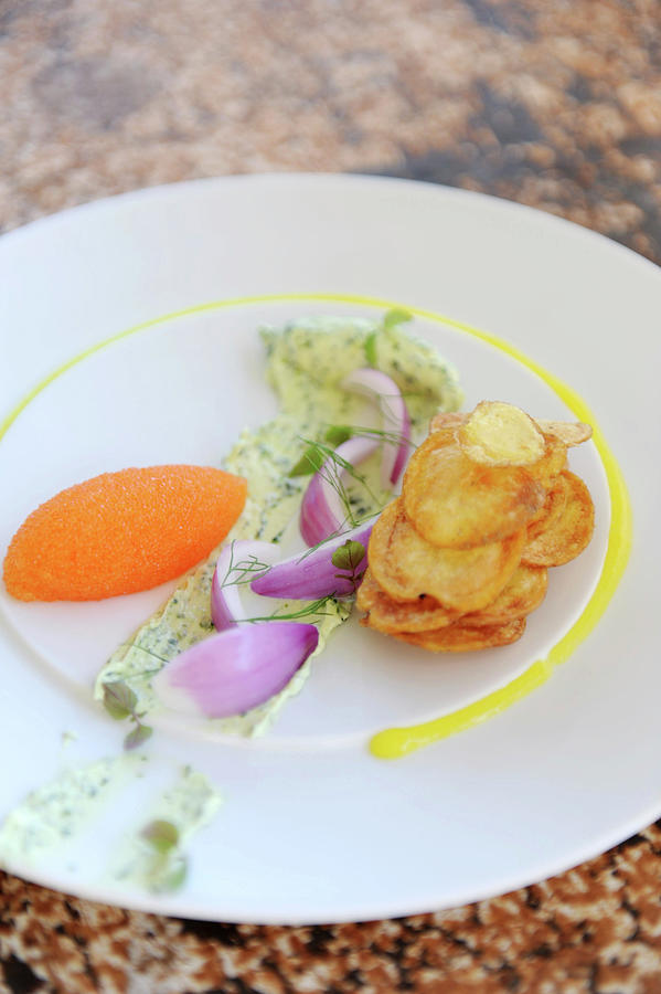 Carrot Mousse With Herb Butter, Red Onions And Crisps Photograph by Magdalena Bjrnsdotter