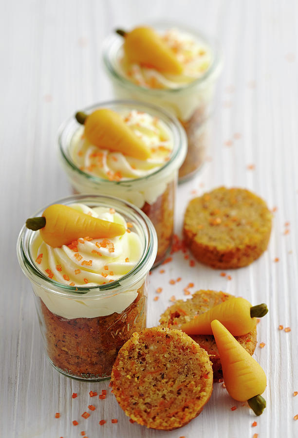 Carrot Muffins With Cream Cheese And Marzipan Carrots In Mason Jars For Easter Brunch Photograph by Teubner Foodfoto
