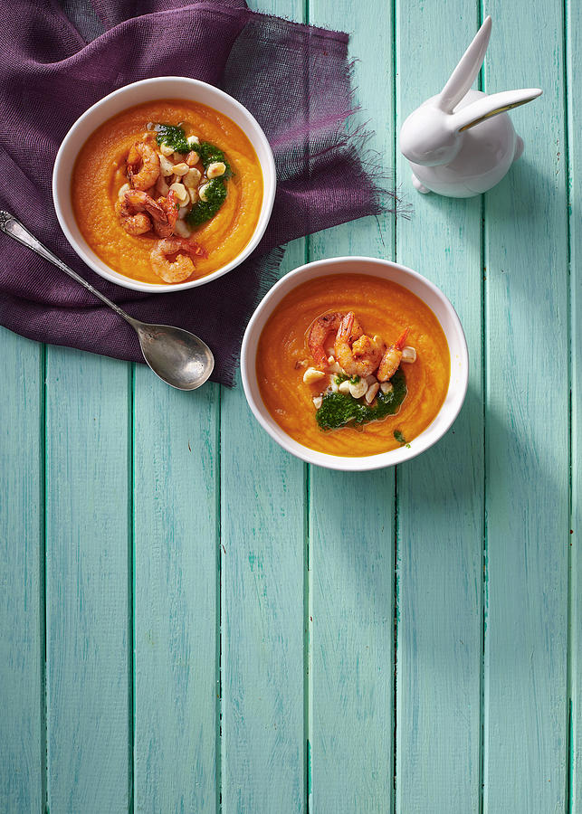 Carrot, Parsnip, Beer And Ginger Soup With Spicy Prawns Photograph by ...