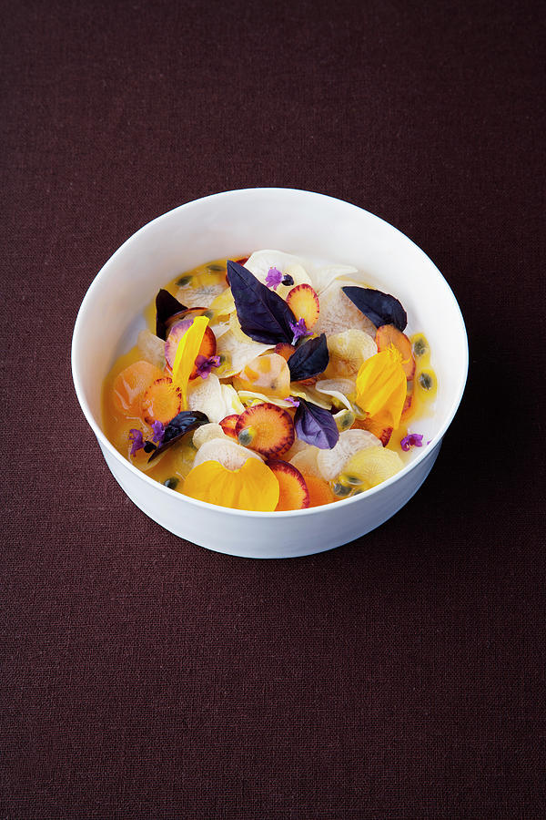 Carrot, Passion Fruit Salad With Ajowan And Red Basil Photograph by Michael Wissing