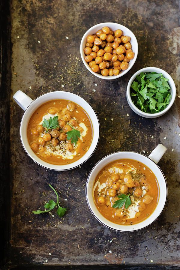Carrot Soup With Baked Chickpeas, Tahini, Zaatar And Parsley Photograph ...