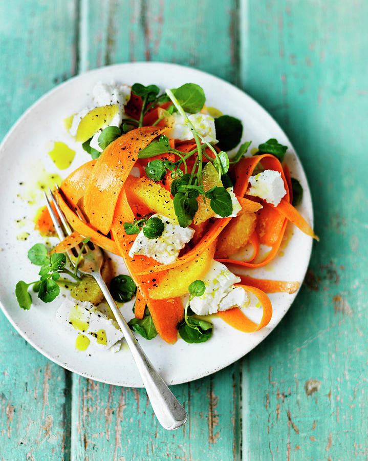Carrot With Lamb Lettuce, Feta, Orange, Pepper And Olive Oil Photograph by Karen Thomas