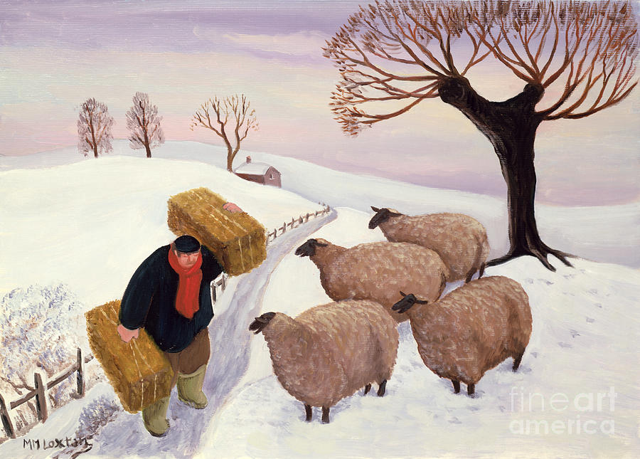 Carrying Hay To The Sheep In Winter Painting by Margaret Loxton