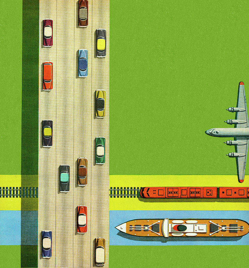 Transportation Drawing - Cars, Boat, Train, and Airplane by CSA Images