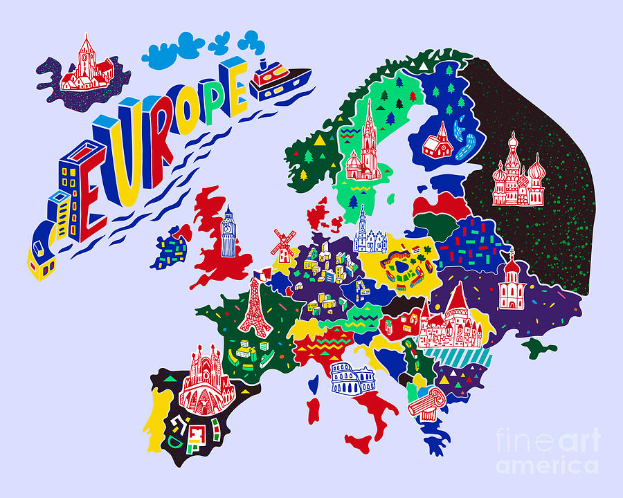 Cartoon Map Of Europe Travels Digital Art by Daria i - Pixels Merch