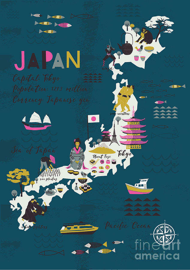 Symbol Digital Art - Cartoon Map Of Japan Print Design by Lavandaart