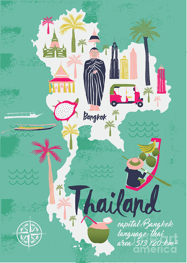 Cartoon Map Of Thailand Print Design Digital Art by Lavandaart - Fine ...