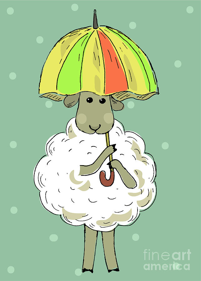 Cartoon Sheep Under Umbrella Digital Art by Tatiana Bauskova