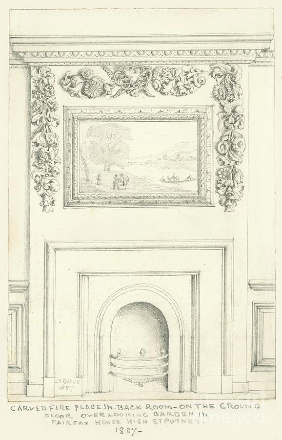 Carving Drawing - Carved Fireplace In Back Room On The Ground Floor Overlooking The Garden, Fairfax House, High Street, Putney, 1887 by John Phillipp Emslie