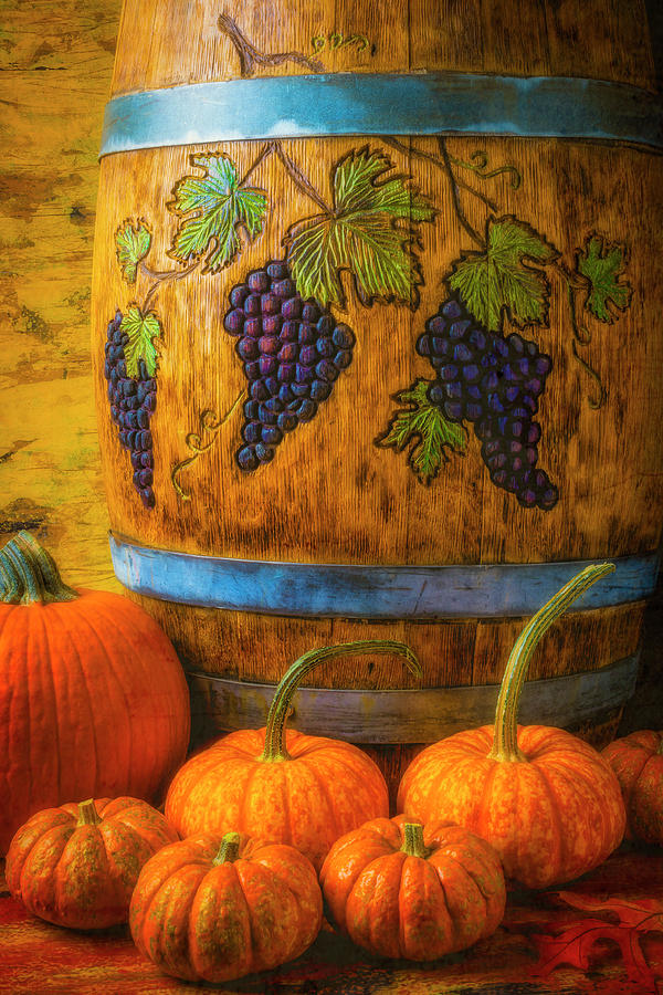 Carved Wine Barrel And Pumpkins Photograph by Garry Gay