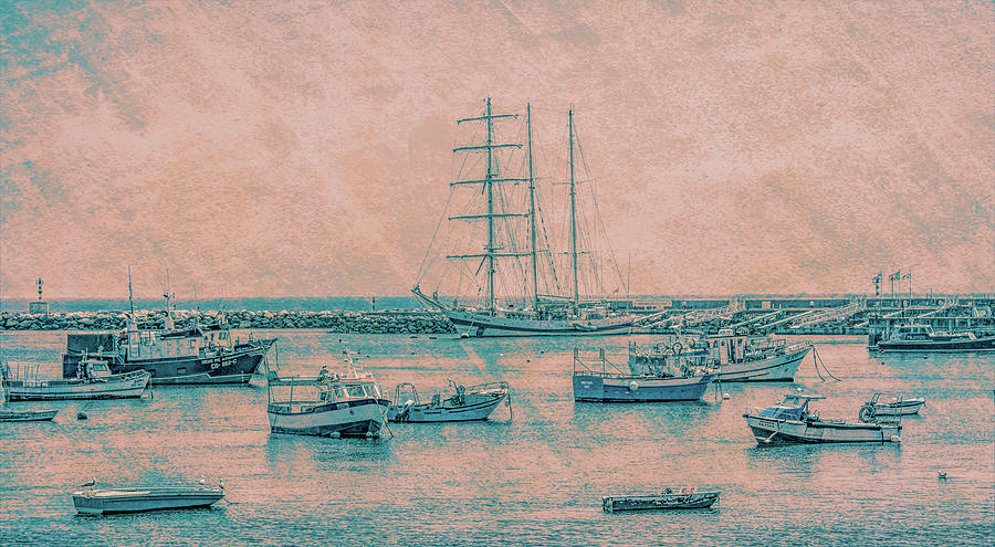 Cascais Harbor, Antiqued Photograph by Marcy Wielfaert