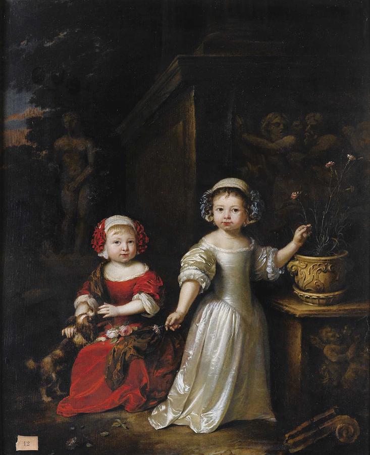 Caspar Netscher Heidelberg 1639-1684 La Haye Portrait Of Two Young Girls In A Park Painting