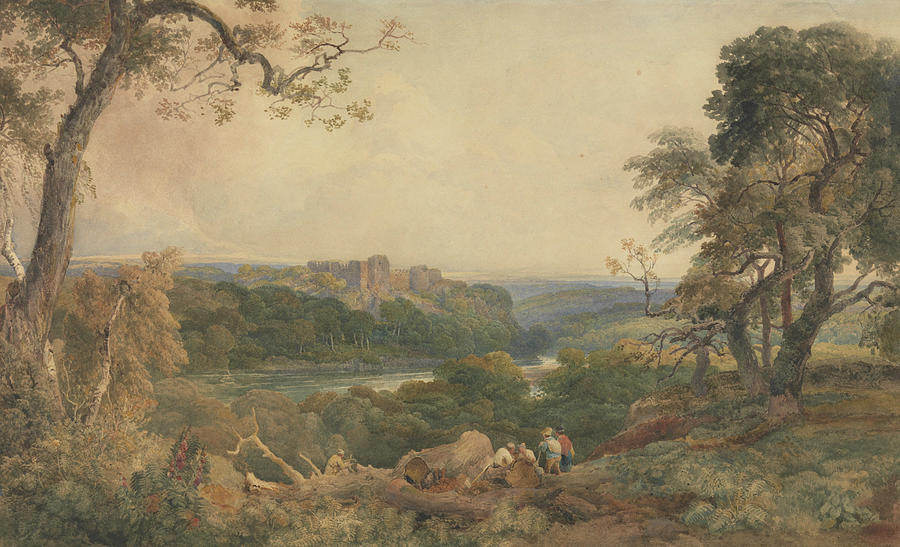Castle above a River, Woodcutters in the Foreground Drawing by Peter De Wint