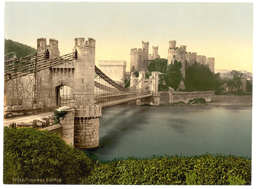 Castle and suspension bridge, Conway (i.e. Conwy), Wales Painting by 
