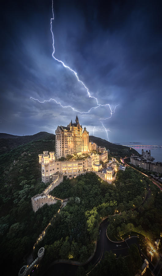 Castle Thrilling Lightning Night Photograph by Yuan Cui