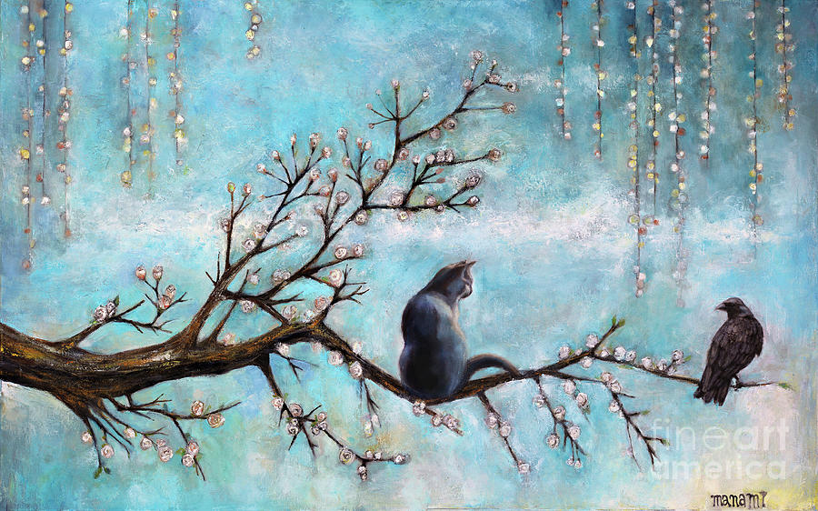 Cat and Crow Painting by Manami Lingerfelt.