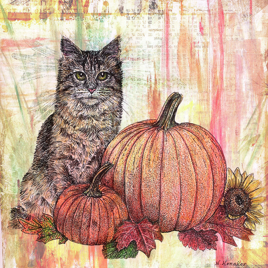 Cat Mixed Media - Cat And Pumpkins by Let Your Art Soar