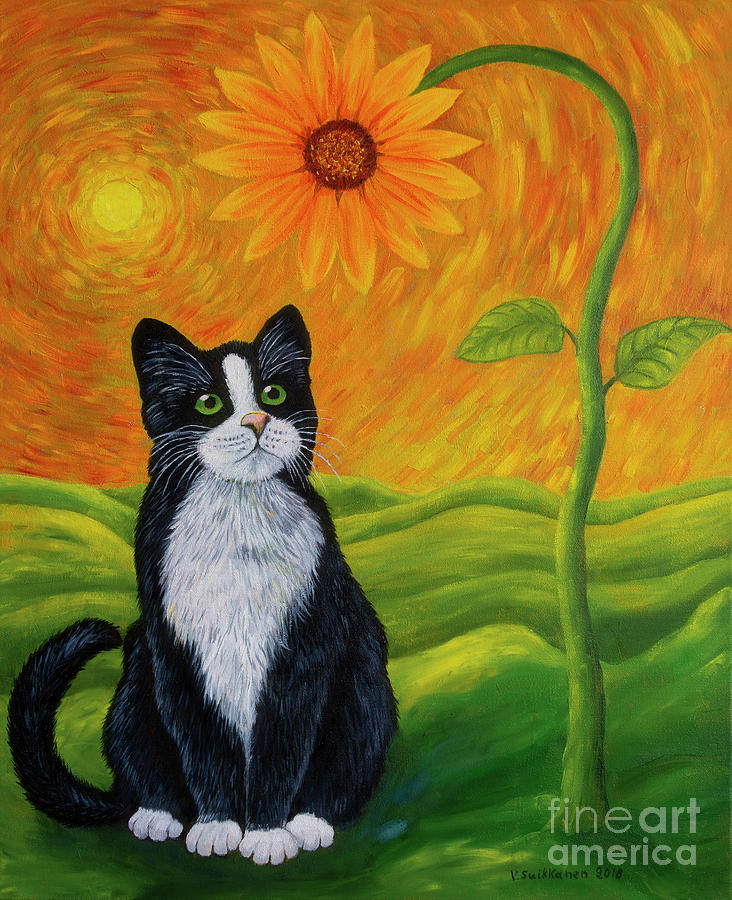16x20 Cute Cat with Sunflower Painting Wall Decor Animal Art Print Poster 