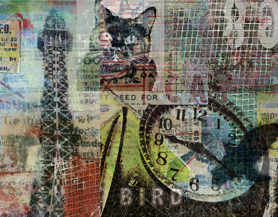 Cat Bird Collage Digital Art by Susan Stone