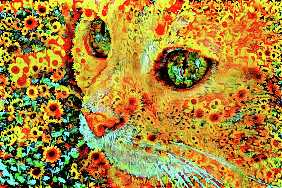 Cat in a Field of Sunflowers Digital Art by Peggy Collins