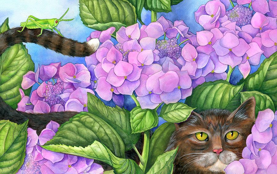 Animal Painting - Cat In The Hydrangeas by Mindy Lighthipe- Artist Llc